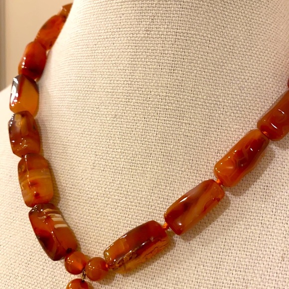 Cornelian Bead & Brown Jadeite Statement Necklace - Picture 2 of 5